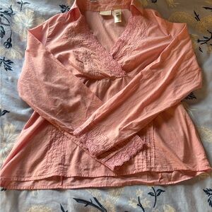 Axcess Pale Pink Lace V-Neck Long-Sleeved Blouse with Side-Zipper.